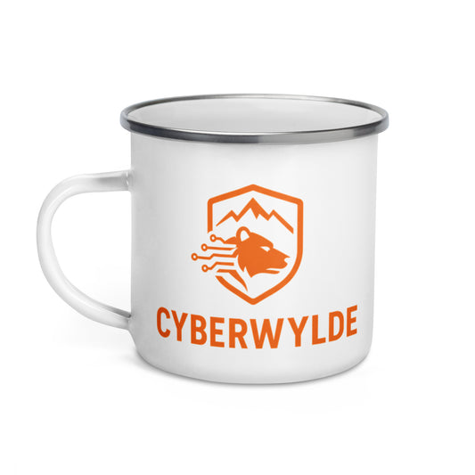 CyberWylde Outpost Enamel Mug 12 oz in white - left side view