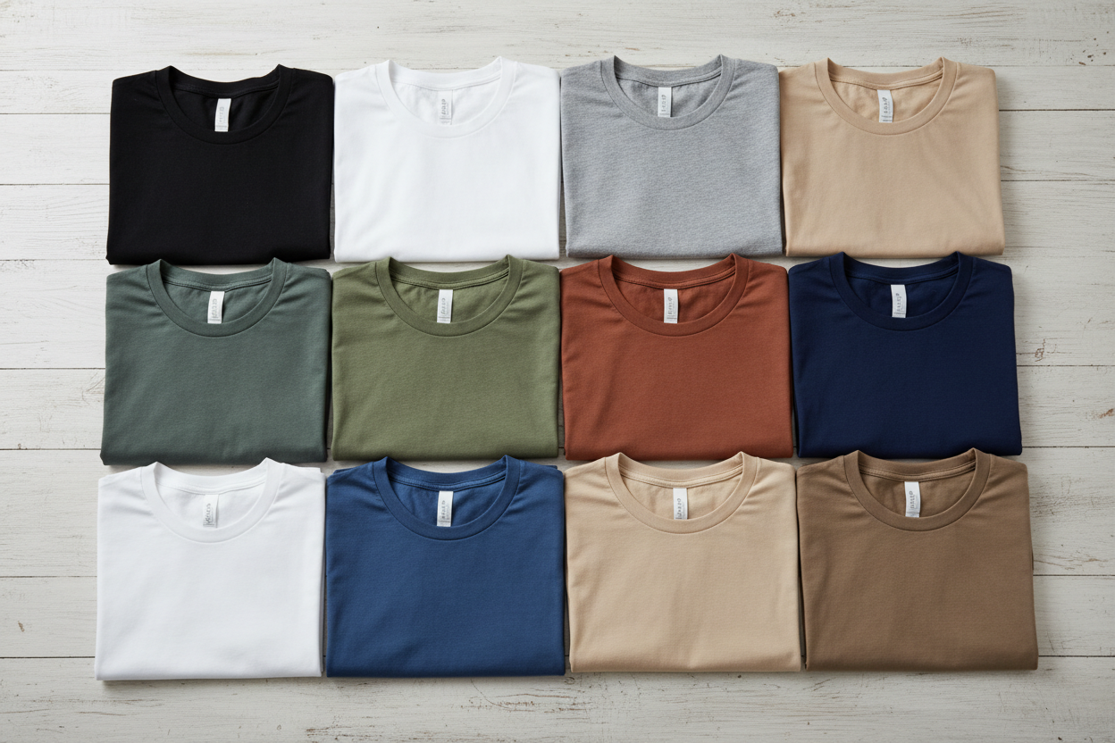 t shirts laid out on a table