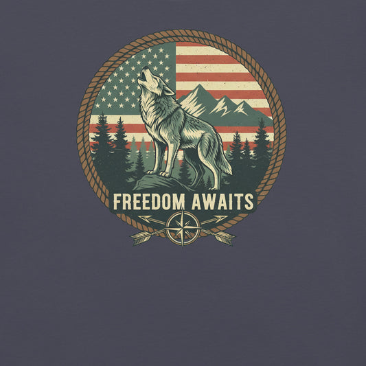 Freedom Wolf Tee in navy - front view with wolf graphic
