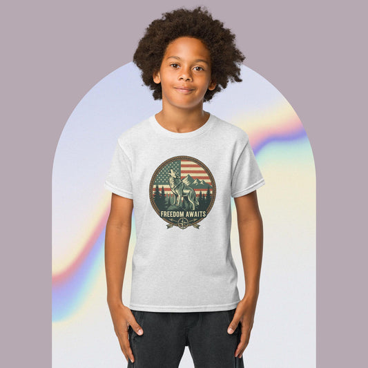Freedom Wolf Kids Tee in ash - front view with wolf graphic